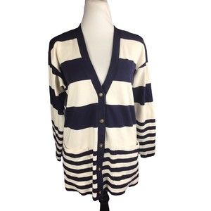 TALBOTS Cardigan Sweater Sz S Navy Blue/Ivory Striped Open Front buttons